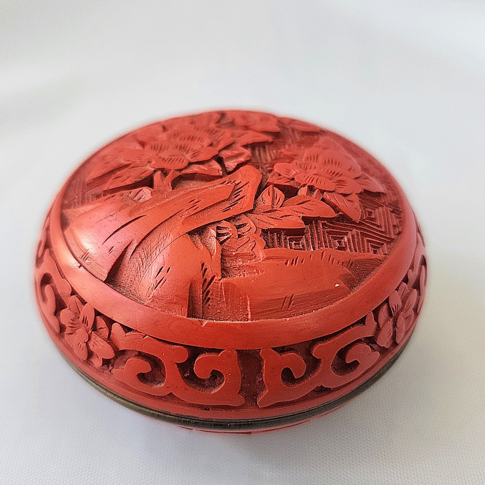 Chinese Cinnabar Lacquer Carved Floral Round‎ Trinket Box Ancient Rare Fine Art